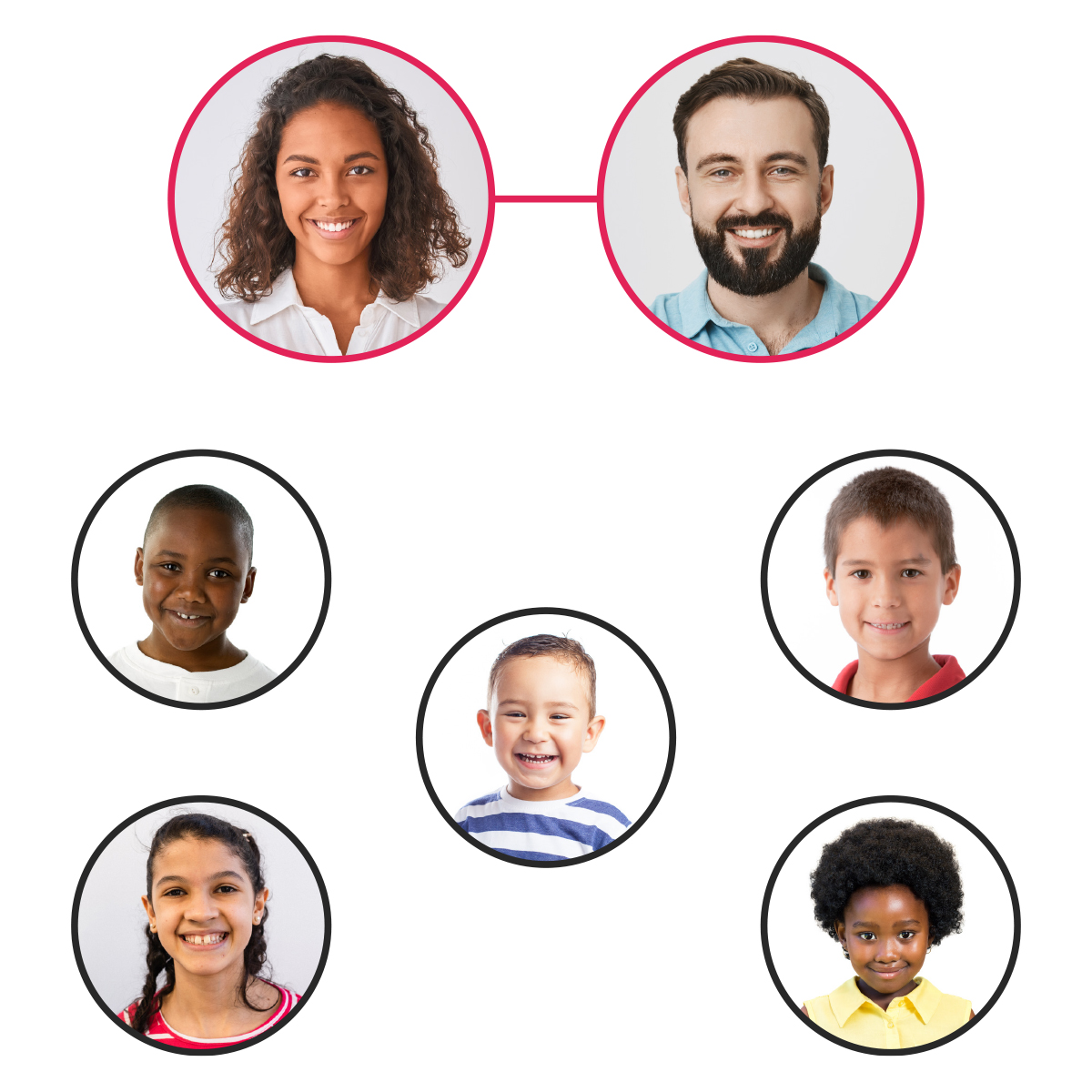 Imagem 4: composição de uma família interracial, sendo pai branco e mãe parda, 1 menino negro, 1 menina negra, 2 meninos brancos e 1 menina branca.