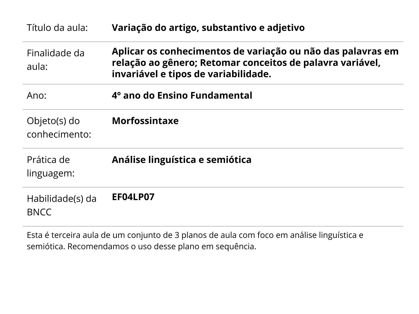 Plano De Aula 4º Ano Lingua Portuguesa Variacao Do Artigo Substantivo E Adjetivo