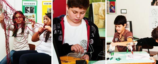 Ao experimentar materiais diferentes, os estudantes exploram, cada um a seu modo, muitas maneiras de trabalhar com a linha. Fotos: Suzete Sandin