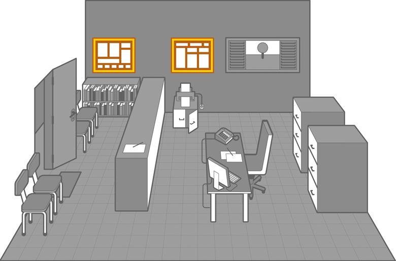 Ilustração de uma secretaria, com destaque para os murais