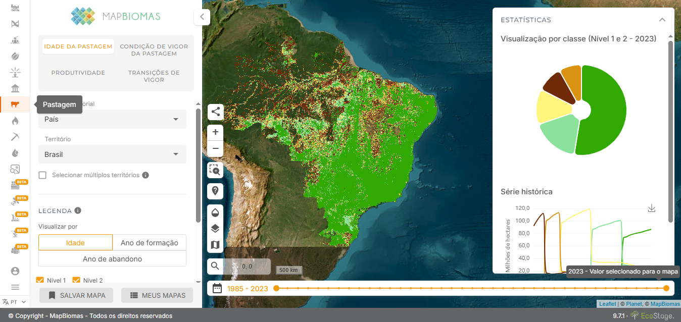 Captura de tela da plataforma MapBiomas - estatísticas