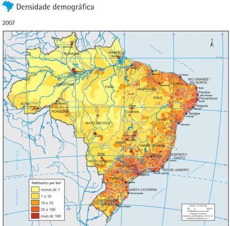 Figura 3: Mapa da densidade demográfica do Brasil. Nota-se que a maior parte da população está localizada a leste, próximas das áreas litorâneas. FONTE: www.ibge.gov.br/ibgeteen/mapas