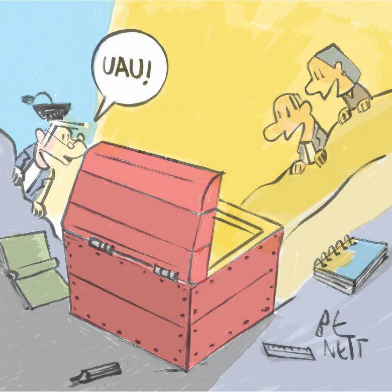 Educadores olham baú aberto