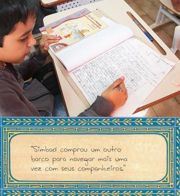 Aluno com caderno aberto escrevendo texto