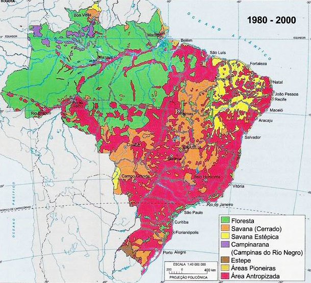 Mapa 2 - Cerrado - retração da vegetação nativa. Fonte: IBGE. Atlas geográfico escolar. Rio de Janeiro: IBGE, 2004, p. 110.