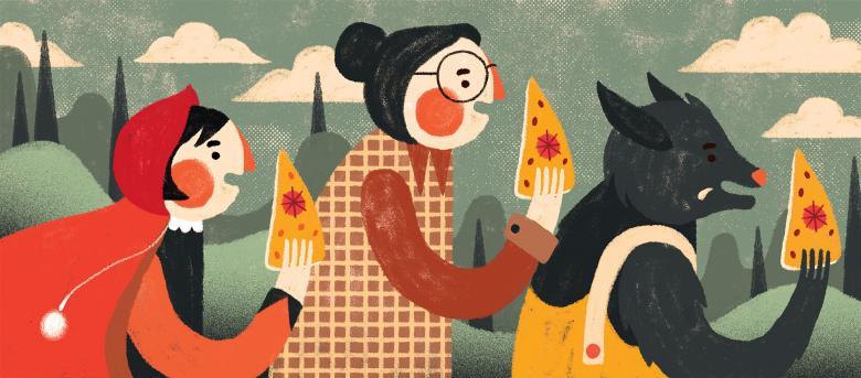 Ilustração da Capeuzinho Vermelho com vovó e lobo