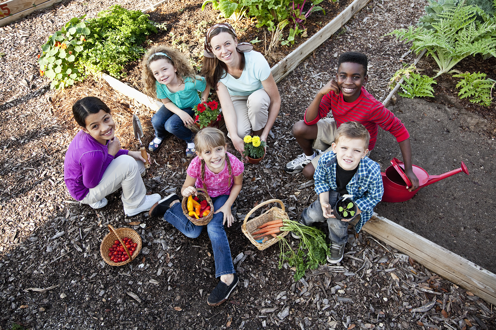 Professora com as crianças no Jardim comunitário