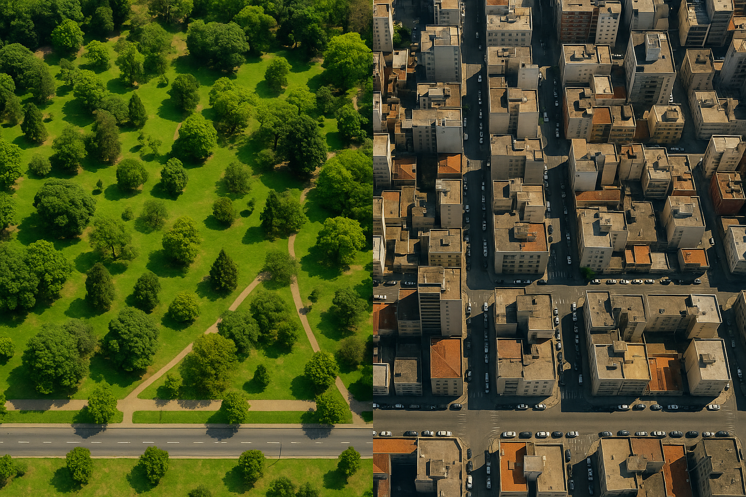 Ilustração criada por IA, de uma cena com muita vegetação urbana (parques, árvores e canteiros) e outra com pouca ou nenhuma vegetação (bairro denso, asfaltado, com prédios e poucas áreas verdes).