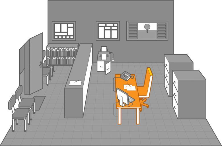 Ilustração de uma secretaria, com destaque para a mesa
