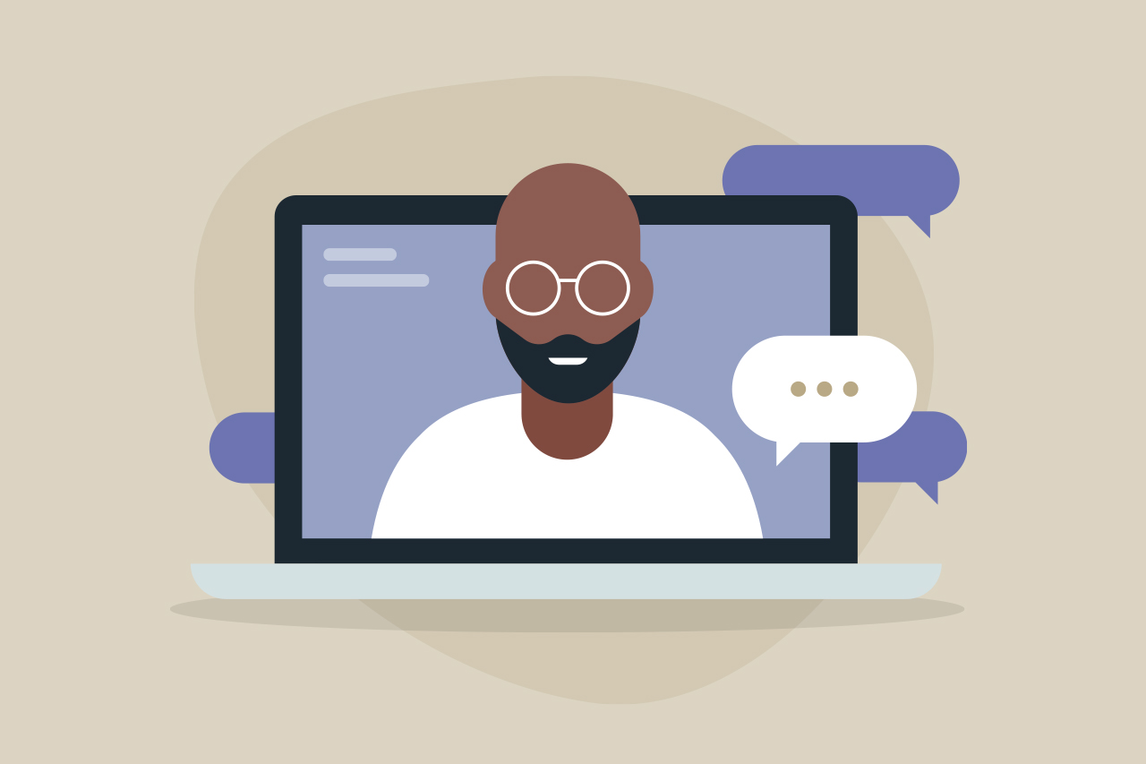 Ilustração de professor na tela do computador com bolões de conversa ao redor.