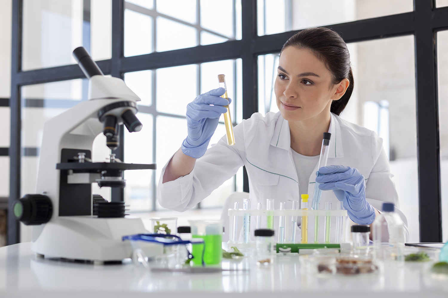 Imagem 8: fotografia de uma cientista mulher branca em um laboratório