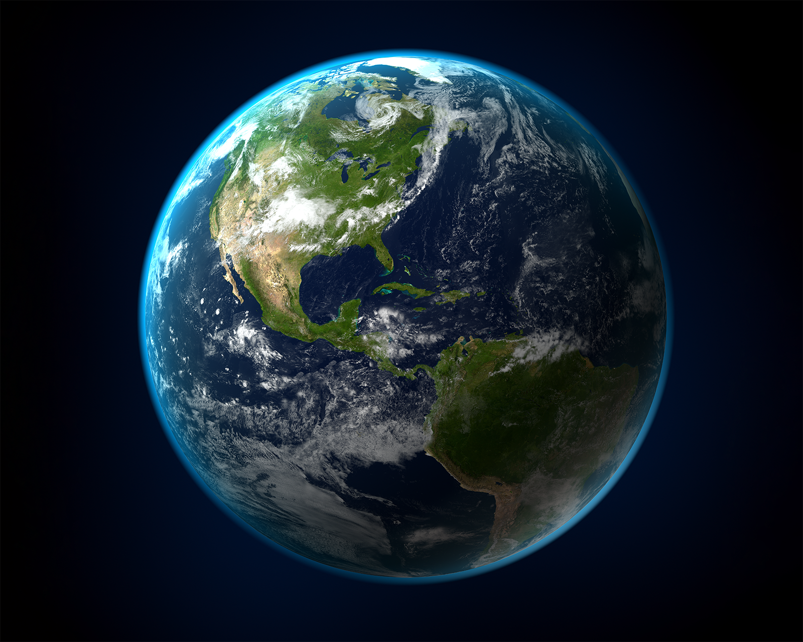 Simulação da vista espacial do planeta terra. Imagem produzida por computação gráfica com recursos visuais obtidos no site da Nasa.