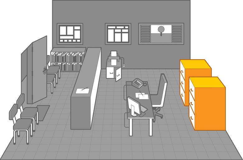 Ilustração de uma secretaria, com destaque para os arquivos