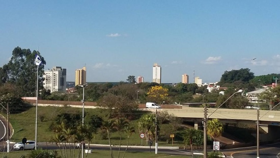 Viaduto rodeado por árvores e gramado, com alguns prédios ao fundo