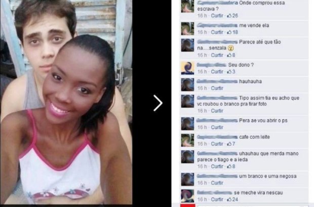 Comentários racistas em fotos na internet Racismo. Casal de Muriaé, MG. CRÉDITO: Reprodução Facebook
