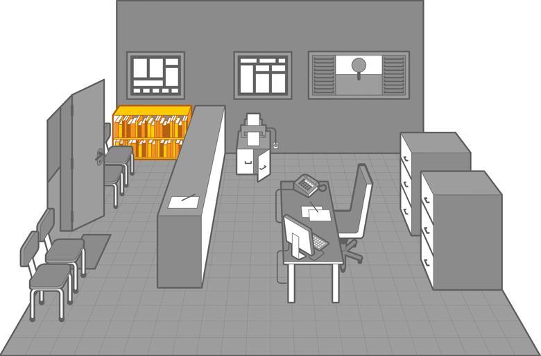 Ilustração de uma secretaria, com destaque para uma estante com livros