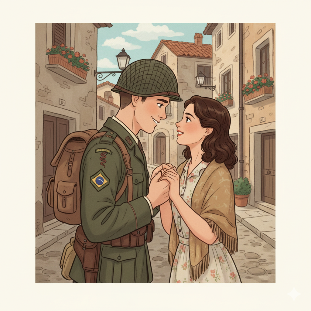 Ilustração criada por inteligência artificial representando o soldado brasileiro João Pedro Paz e a italiana Gioconda Iole, cuja história inspirou a música 'Mia Gioconda'. A imagem retrata o contexto histórico da Segunda Guerra Mundial na Itália e foi criada a partir de prompt no Gemini.