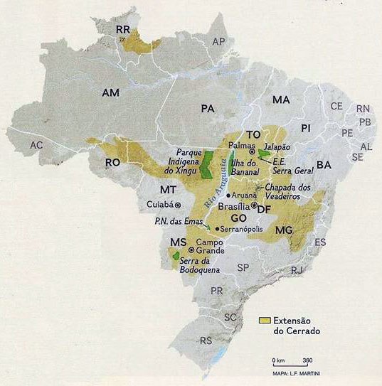 Mapa 1 - Cerrado: cobertura inicial. Fonte: National Geographic Brasil, out. 2008, p. 63