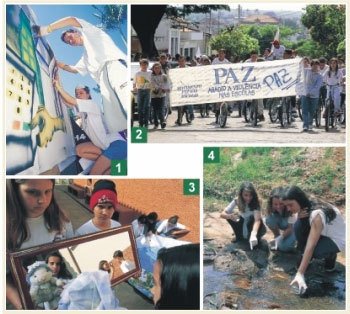 As atividades planejadas pela escola relacionam os conteúdos curriculares à vida da comunidade: a importância do voto vira grafite durante desafio escolar disputado em São Paulo (1); passeata pela paz encerra debates sobre a violência (2); aula com espelhos para todos verem as várias formas de