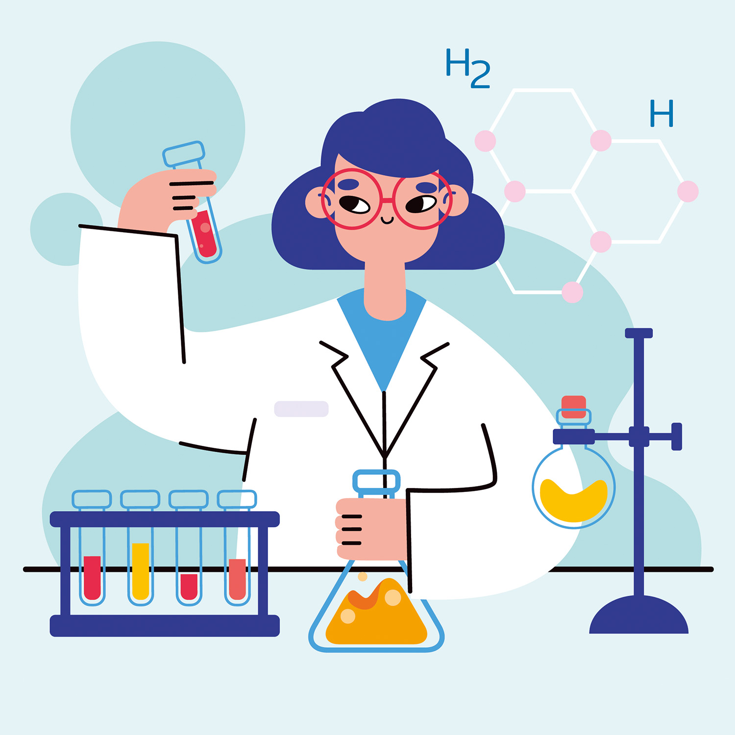 Imagem 3: ilustração de uma cientista mulher branca de cabelos coloridos