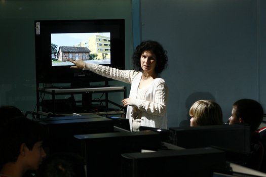 Hora de partir para as casas enxaimel Valkiria pediu uma pesquisa sobre as casas enxaimel, mostrou fotos da moradia e, em um debate, pediu que o grupo observasse a posição das hastes, as figuras geométricas formadas e os padrões das construções.