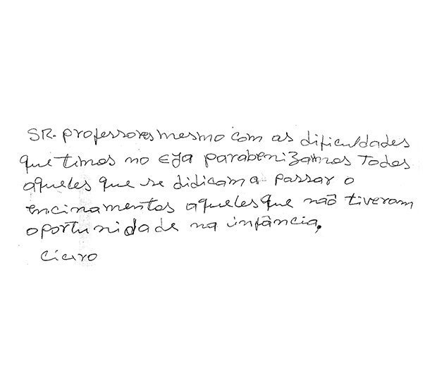 Bilhete escrito por aluno de EJA para o Dia do Professor
