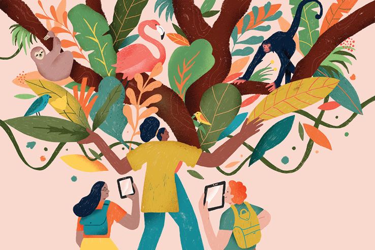 Ilustração abstrata de pessoas com celulares e tablets nas mãos enquanto filmam e fotografam alguns animais em uma árvore.