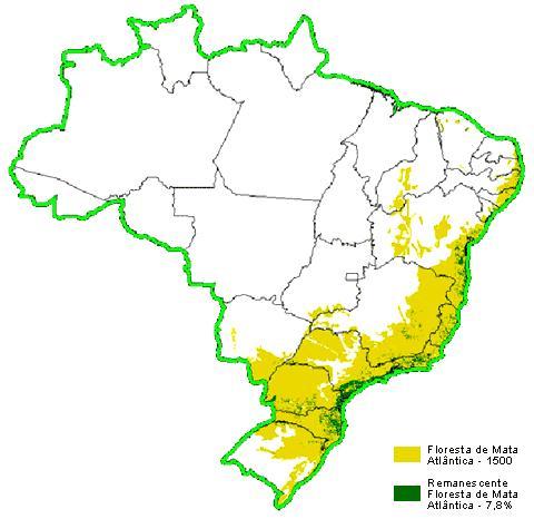 Figura 2: Mapa comparativo entre a área de cobertura vegetal original de Mata Atlântica e a remanescente. Nota-se que quase 93% da vegetação original foi desmatada. FONTE: http://www.rededasaguas.org.br/site_base_iguape/prog/educ/ribeira/agua/mapa.htm