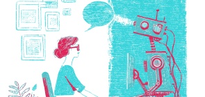 Ilustração, criada por IA, de uma professora mexendo no computador. Por trás do computador há um robô representando a inteligência artificial