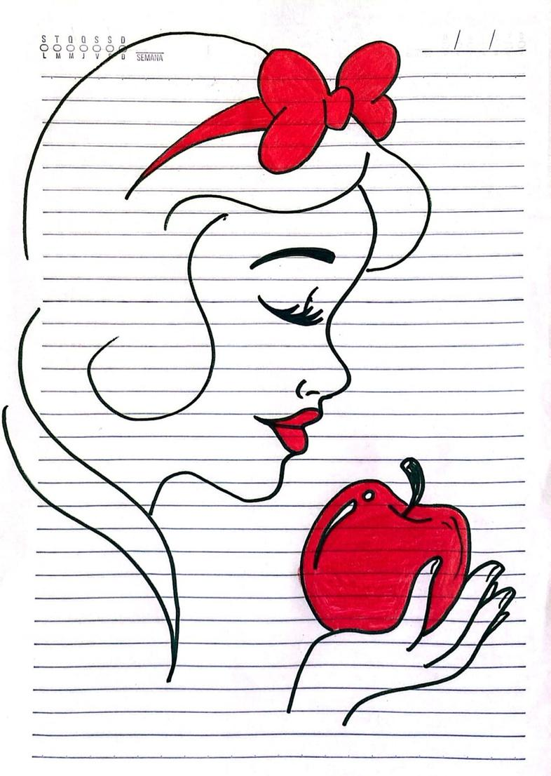 Desenho da personagem Branca de Neve feito de caneta hidrográfica em folha de papel pautado. Fonte: Rivaldo Bevenuto, 2024.