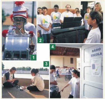 Uma programação extracurricular contribui para que os adolescentes se aproximem e gostem mais da escola: a fanfarra, composta por oitenta integrantes (1), o coral Nova Voz, que reúne cinqüenta jovens (2), e as aulas de xadrez (3) são mantidos com o patrocínio de empresas; a Rádio Escola (4), que anima o recreio com música, é comandada pelo grêmio estudantil