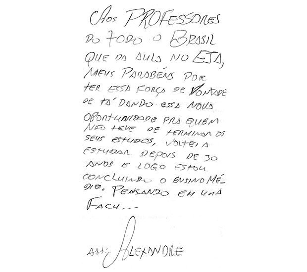 Bilhete escrito por aluno de EJA para o Dia do Professor