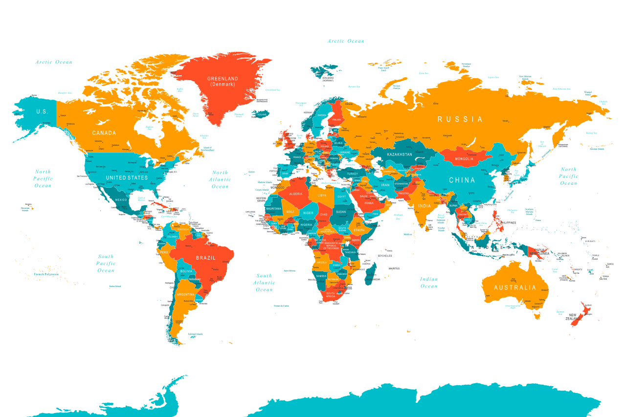 Mapa mundi ilustrado, na projeção de Mercator