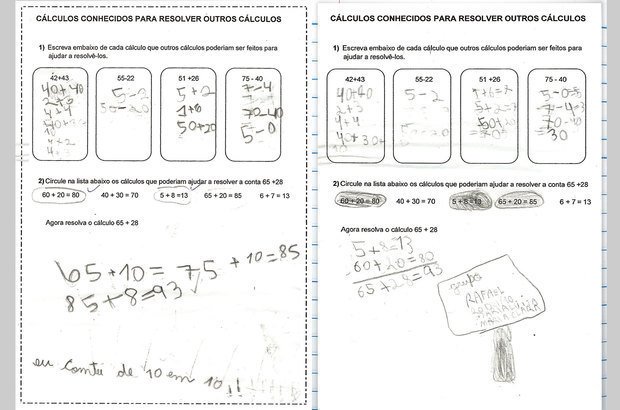 A turma avançou e os pequenos passaram a utilizar cálculos já conhecidos com o objetivo de resolver operações mais complexas. Além disso, contaram de 10 em 10 para chegar aos resultados. Paulo Vitale. Reprodução