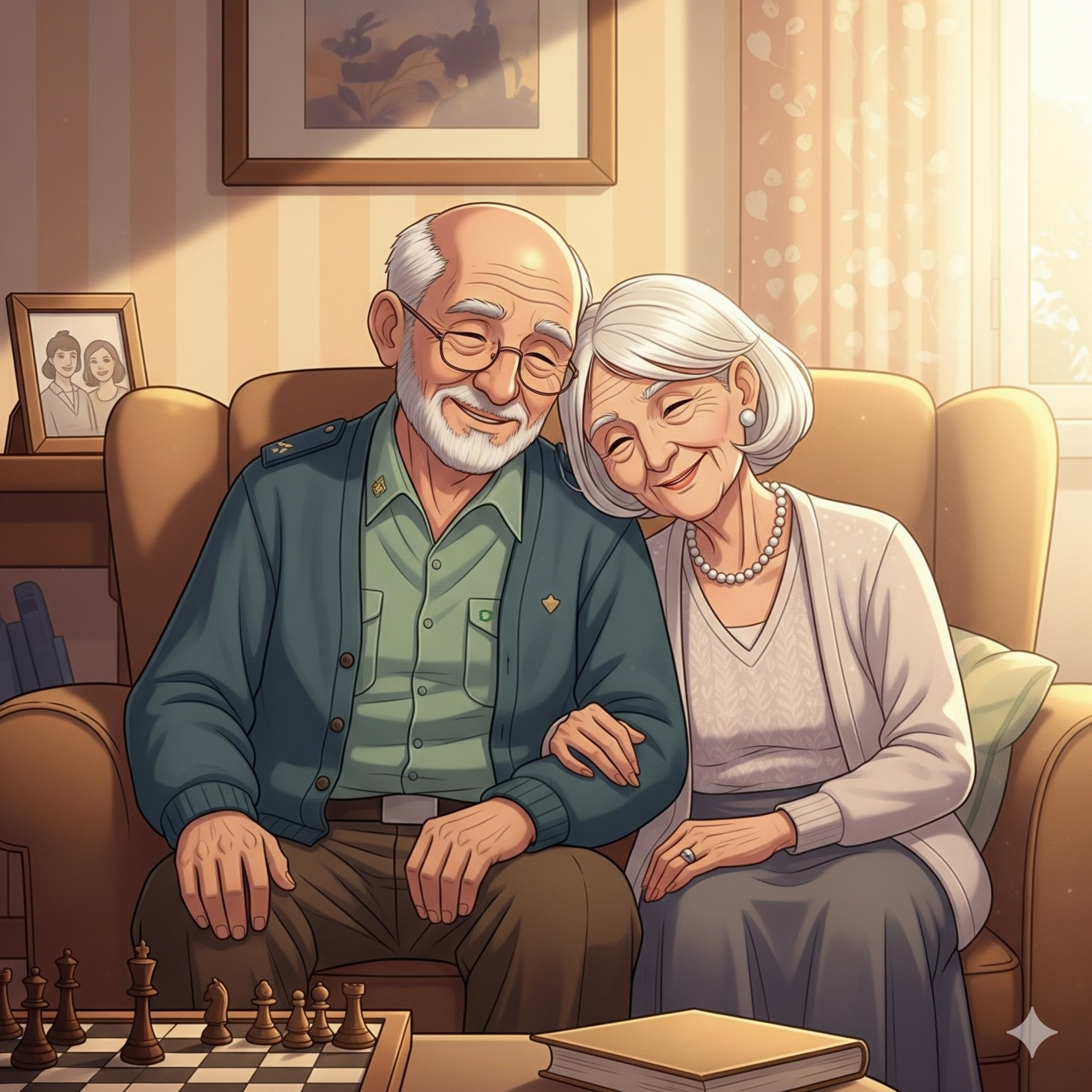 Ilustração criada por inteligência artificial mostrando João Pedro Paz e Gioconda Iole idosos, celebrando a vida juntos após o término da Segunda Guerra Mundial. A imagem faz referência à ilustração anterior do casal jovem e representa o final feliz da história que inspirou a música 'Mia Gioconda'. Criada a partir de prompt no Gemini.