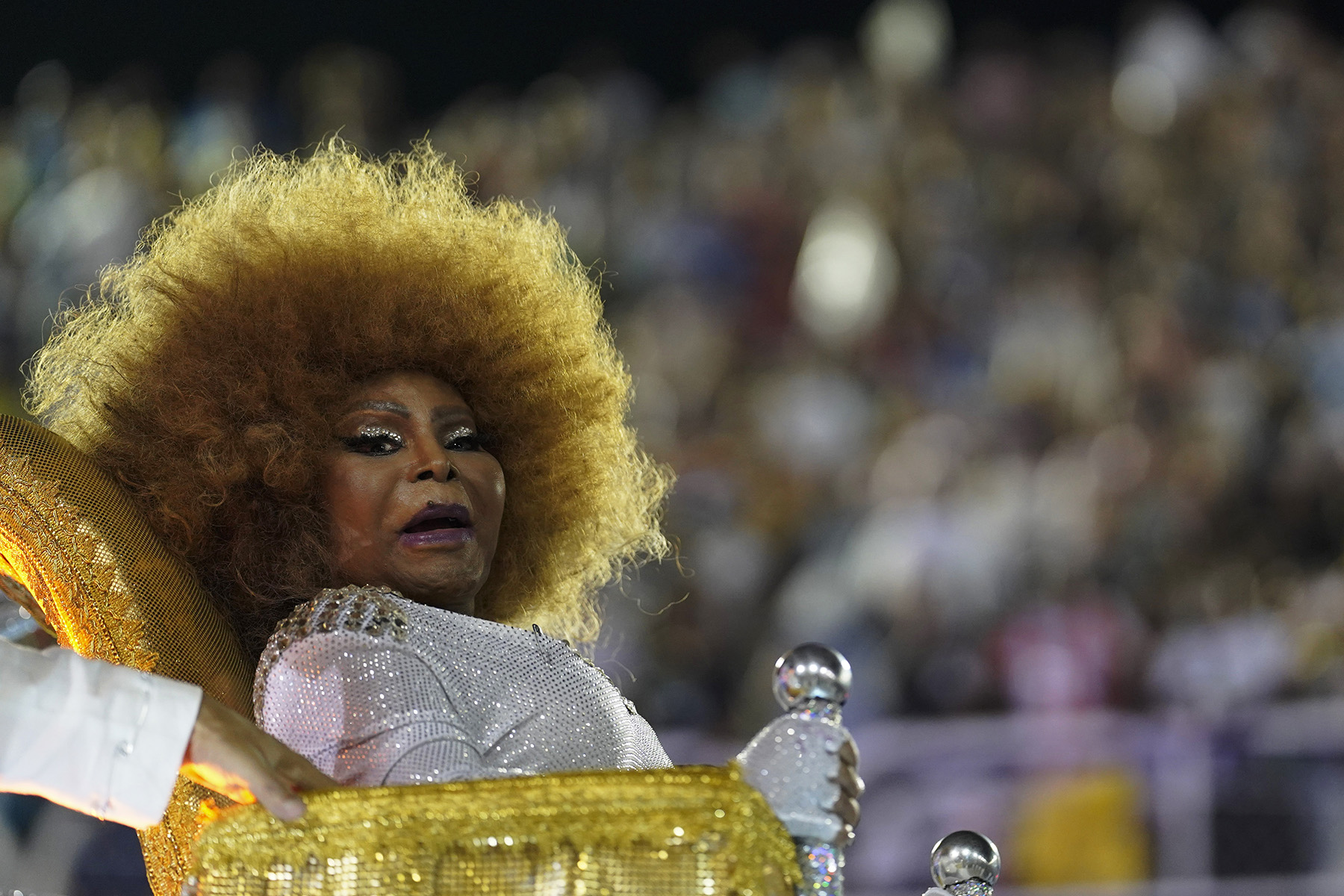 Brazil Carnival --- Brazilian singer Elza Soares from the Mocidade samba school parades on a float during Carnival celebrations at the Sambadrome in Rio de Janeiro, Brazil, Tuesday, Feb. 25, 2020.