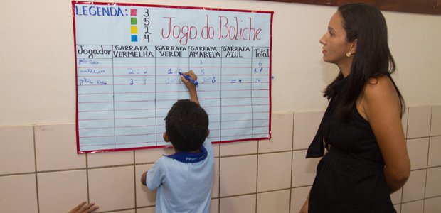 Intervenção da professora Enquanto a turma jogava, Luciane passava entre as duplas para ajudar as crianças a lembrar das regras do jogo. Em alguns momentos, eles tiveram que explicar à professora e aos colegas qual foi a estratégia utilizada para resolver o cálculo. Foto: Janduari Simões
