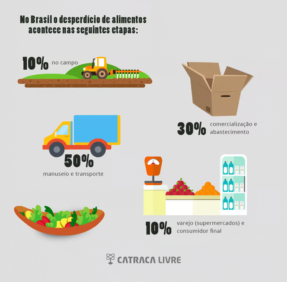Infográfico sobre desperdício de alimentos no Brasil. Catraca Livre.