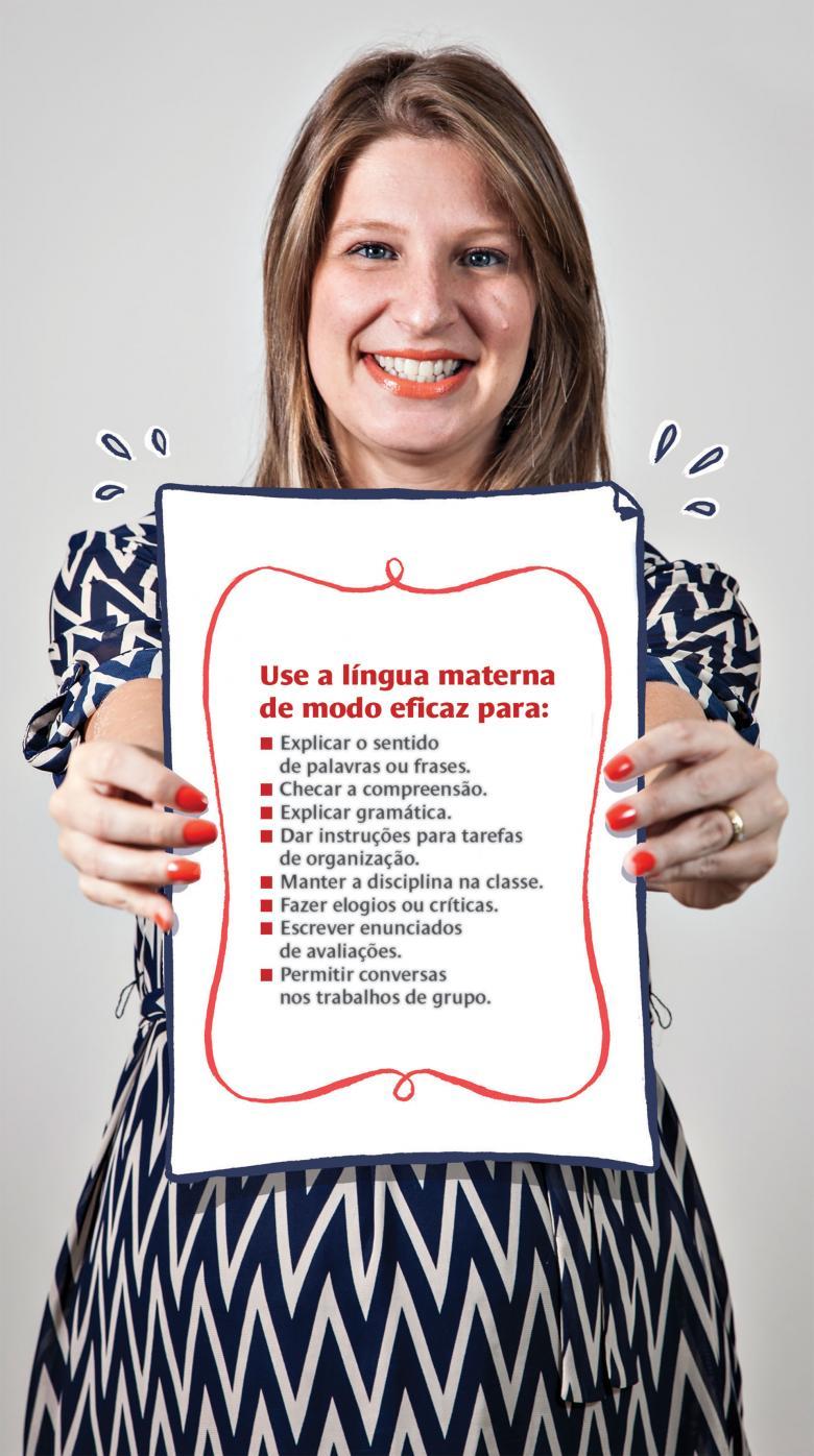 Foto da professora de inglês Catilcia com ilustração de quadro em que estão escritas dicas de como usar a lingua materna de modo eficaz