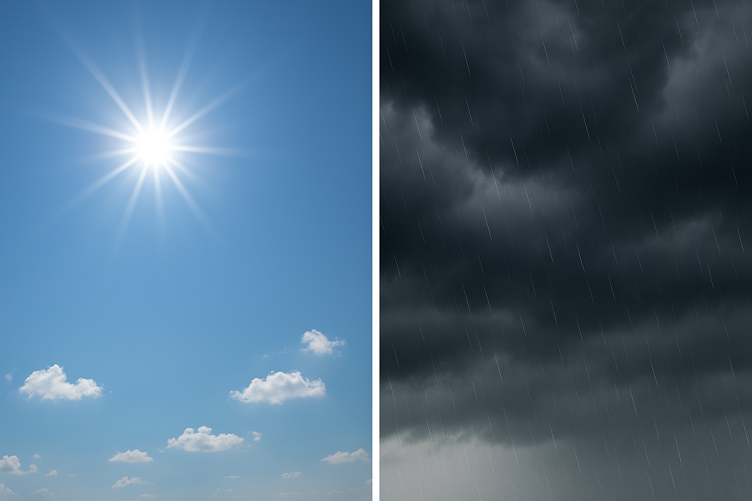 Díptico composto por uma imagem de um céu azul e ensolarado, ao lado de uma imagem de um céu nublado e chuvoso.