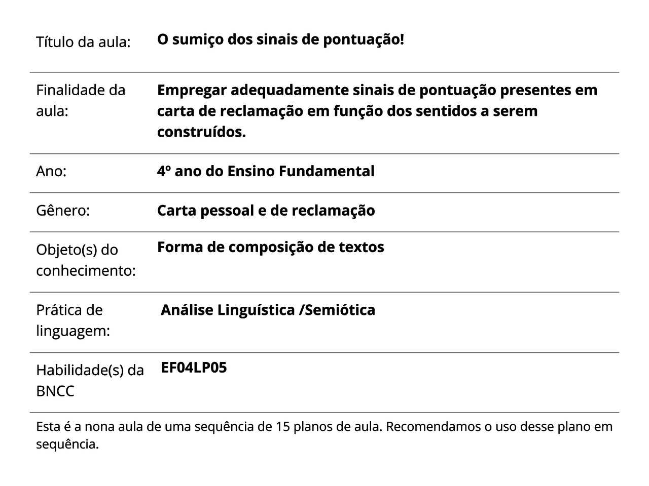 Plano de Aula - 4º ano - Língua Portuguesa - O sumiço dos 