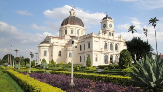 Vista lateral da Igreja do Bom Jesus da Cana Verde, aos fundos de um jardim com canteiros verdes e roxos e postes de luz.