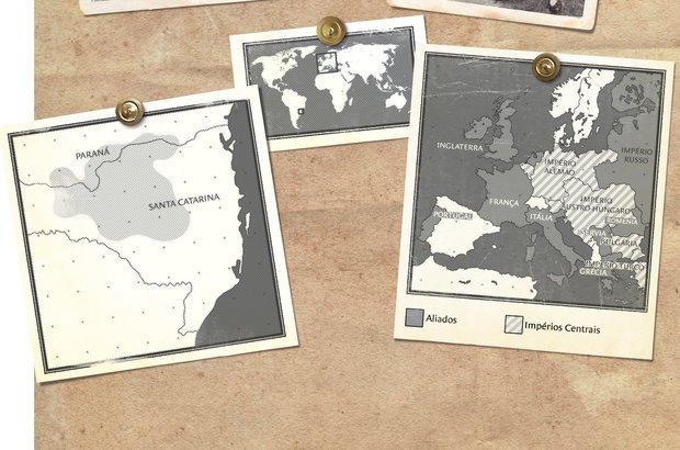 Localização A Guerra do Contestado se deu em uma área pequena, entre os estados brasileiros do Paraná e de Santa Catarina. Já o conflito de 1914 ocorreu em um amplo território europeu, envolvendo os aliados e o grupo dos impérios centrais. Ilustração: Bruno Algarve. Fotos André Penner/Reprodução álbum de família e STR/AFP