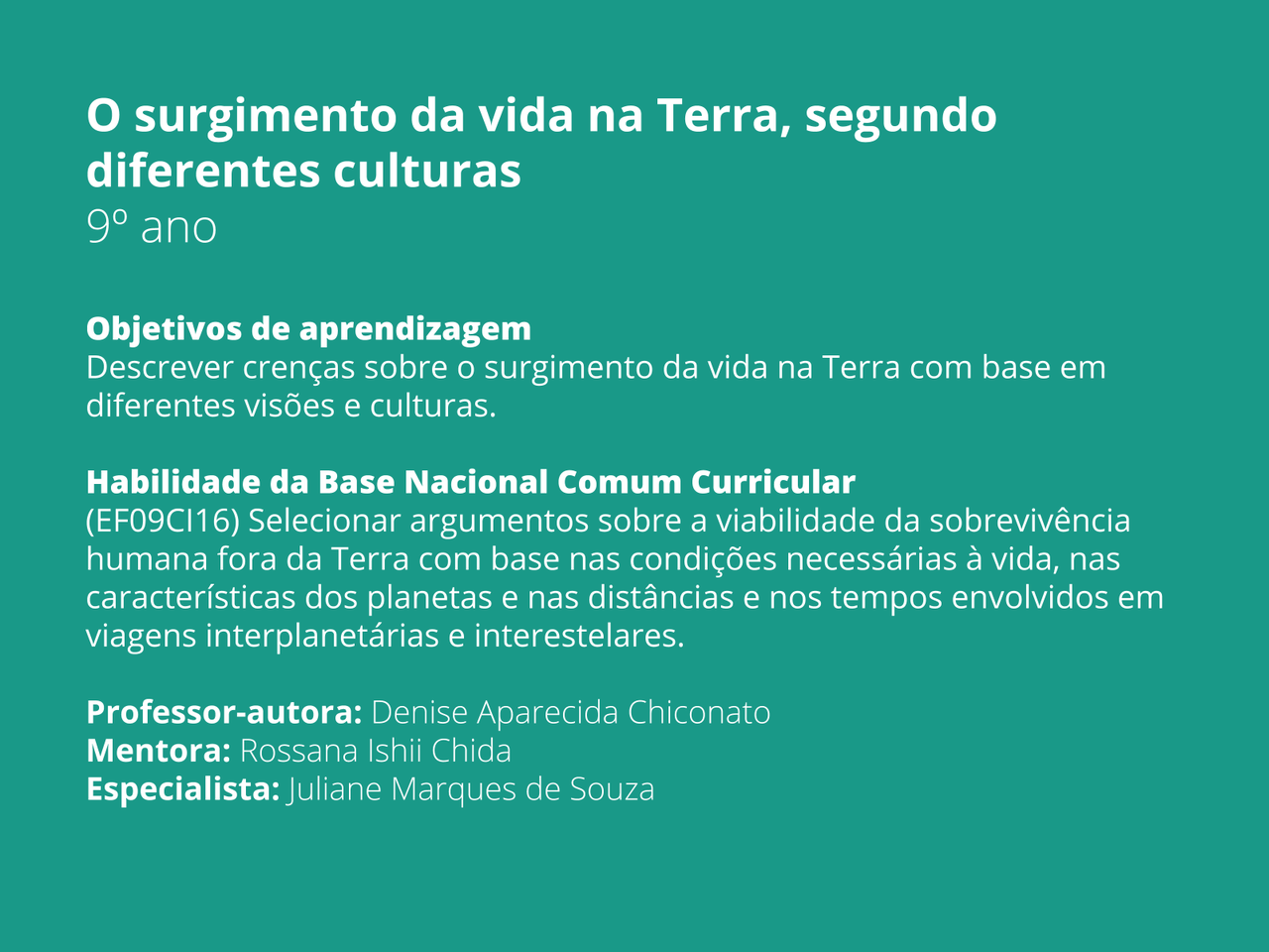 Plano de Aula 9º ano Ciências O surgimento da vida na Terra, segundo diferentes culturas