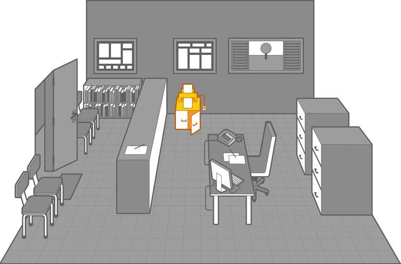 Ilustração de uma secretaria, com destaque para a impressora