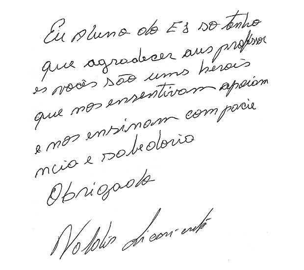 Bilhete escrito por aluno de EJA para o Dia do Professor