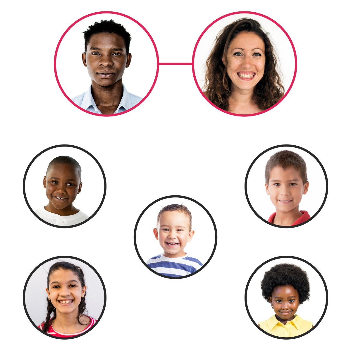 Imagem 2: composição de uma família interracial, sendo pai negro e mãe branca, 1 menino negro, 1 menina negra, 2 meninos brancos e 1 menina branca.