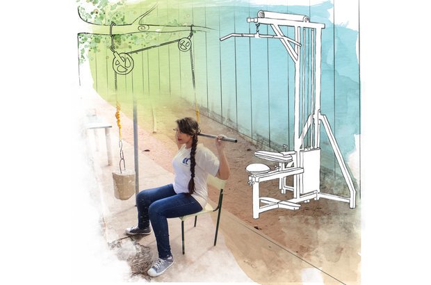 Ao usar o puxador <em>(pulley)</em>, aluna exercitou os grandes dorsais, músculos das costas. Fotos: Arquivo pessoal/Fernando de Freitas. Ilustração: Melissa Lagoa
