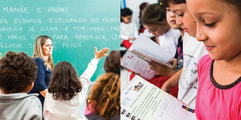 Professora orienta alunos em atividade de leitura