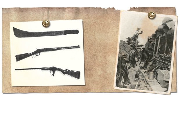 Modos de combate Devido aos planaltos da Região Sul, soldados rebelados podiam usar os vales para se proteger. As tropas do governo até tinham equipamentos semelhantes aos da Primeira Guerra, porém os civis possuíam facões simples <em>(à esquerda)</em>. Na Europa, foi diferente. Por causa da geografia, os soldados combatiam em trincheiras <em>(à direita)</em> e enfrentavam armas químicas. Ilustração: Bruno Algarve. Fotos Renata Ursaia e reprodução do livro Primeira Guerra Mundial
